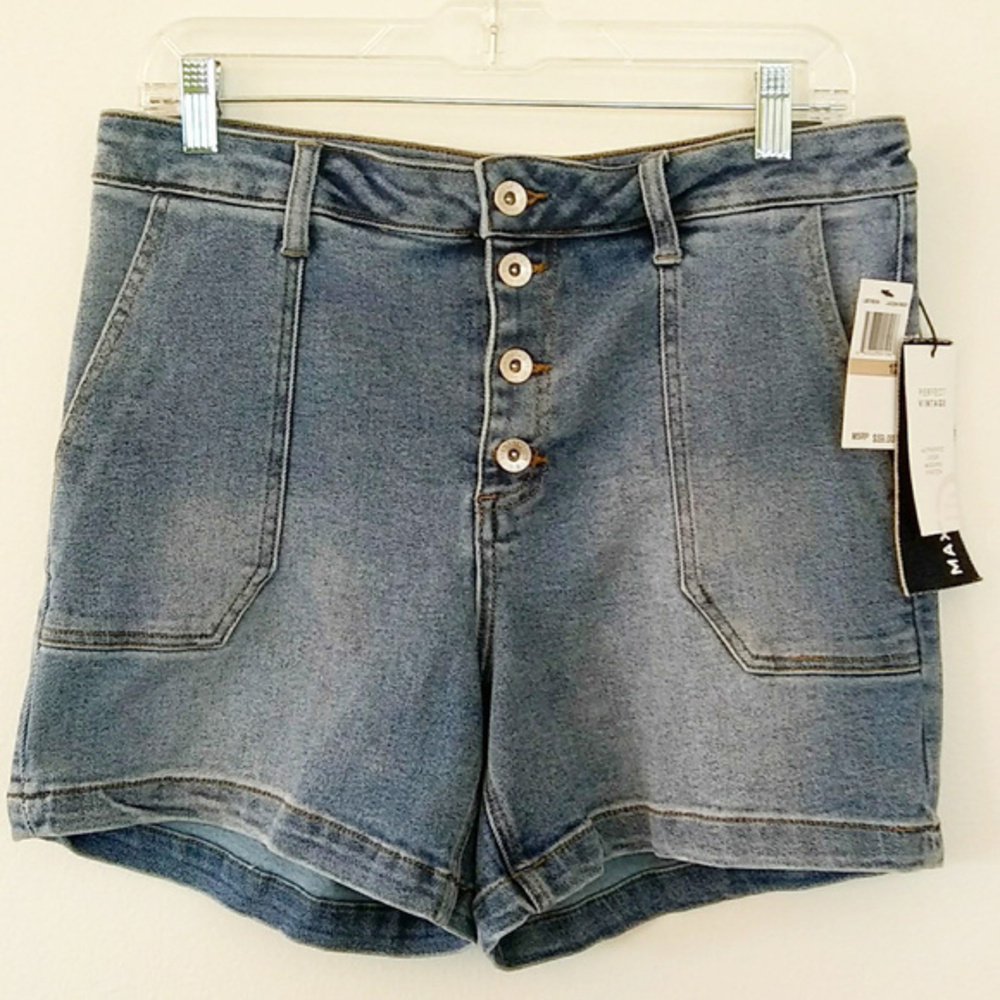 Max Studio Blue High-Rise Button-Front Jean Shorts